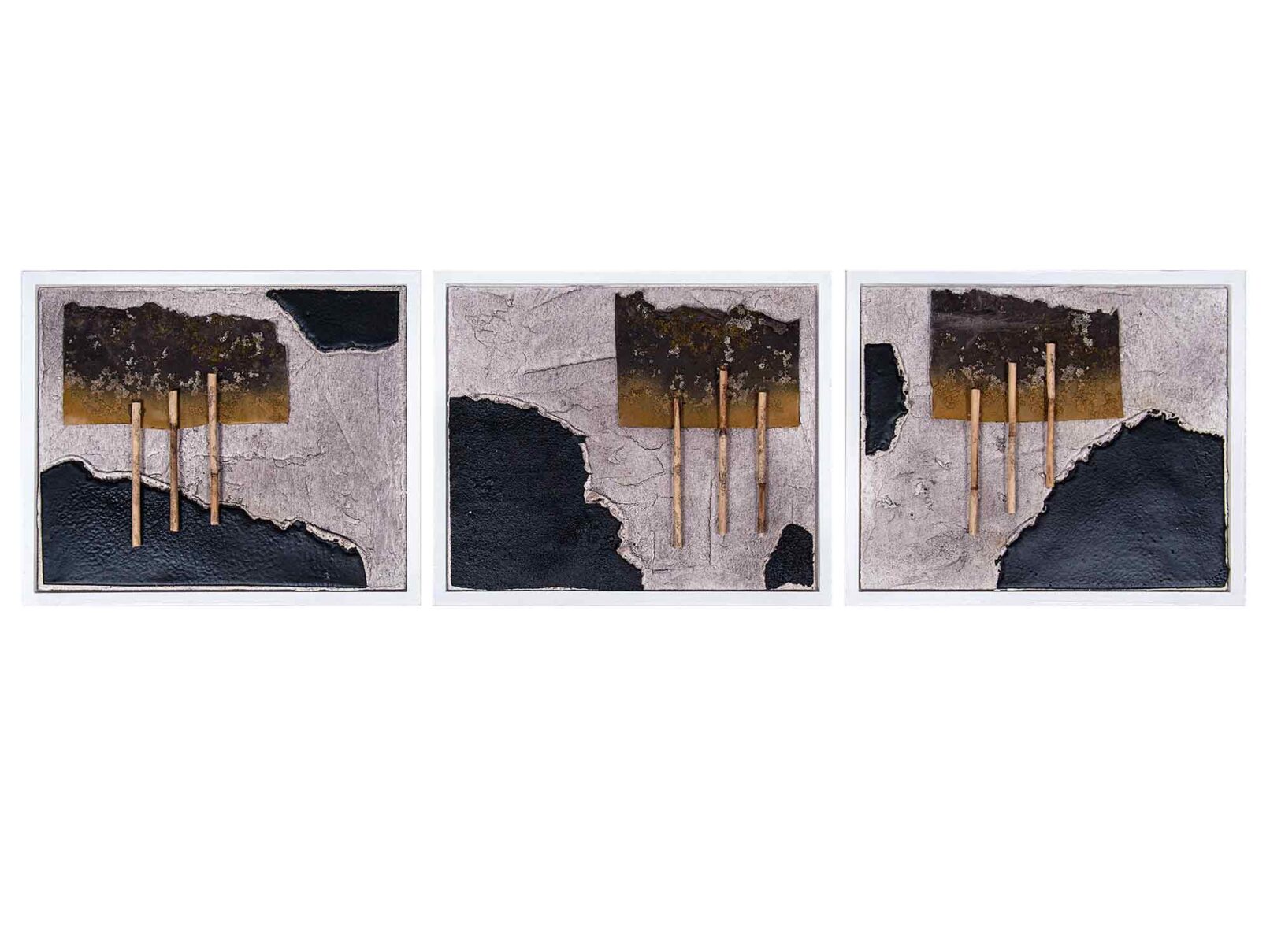 3 / 36 176-177-178, Trilogie Dachpappe, Verputz (Spachtelmassse), Blech, Bambus 27x22 cm