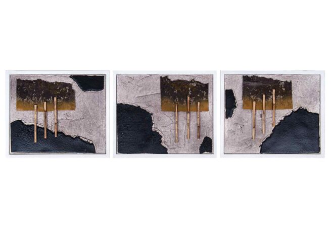 3 / 36 176-177-178, Trilogie Dachpappe, Verputz (Spachtelmassse), Blech, Bambus 27x22 cm