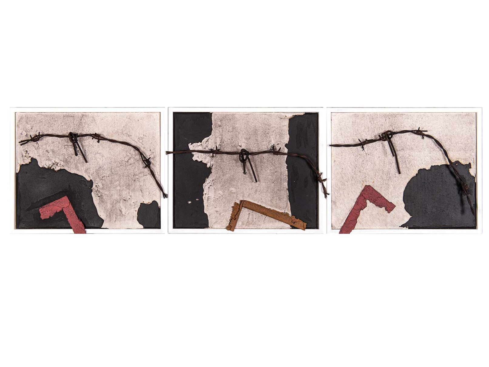 194-195-196 Trilogie Dachpappe, Spachtelmasse, Stacheldraht 27x22cm