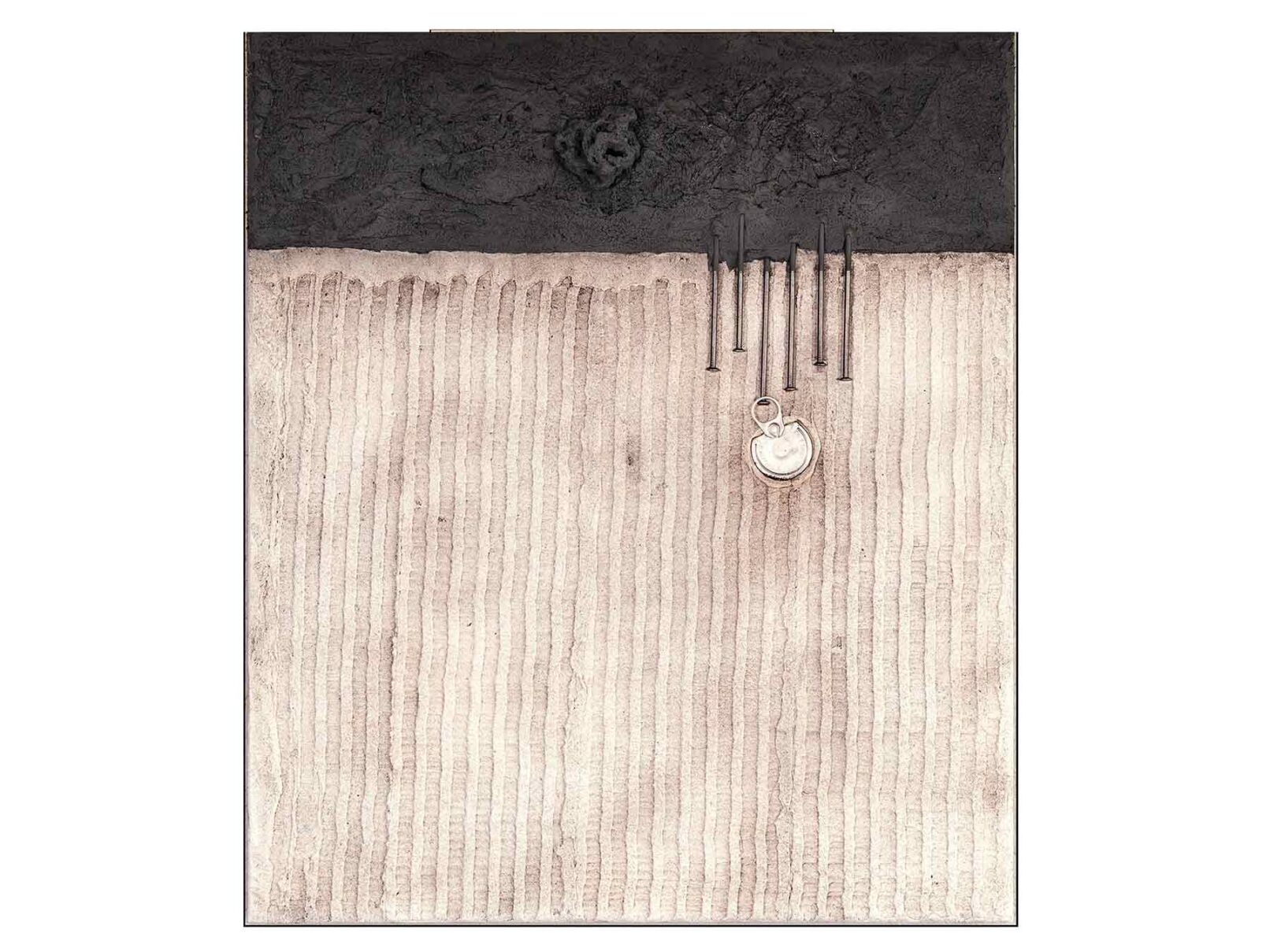 128 Dachpappe, Verputz (Spachtelmasse), Alufolie, Negel, Metall, Stein 60x70cm