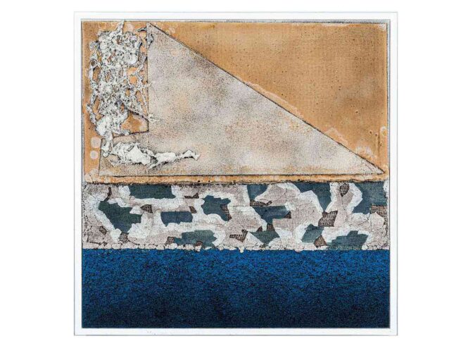 68 / 85 142 Dachpappe, Sacktuch, Verputz (Spachtelmasse), Sagex, Feiner Sand u. Steine 53x53cm