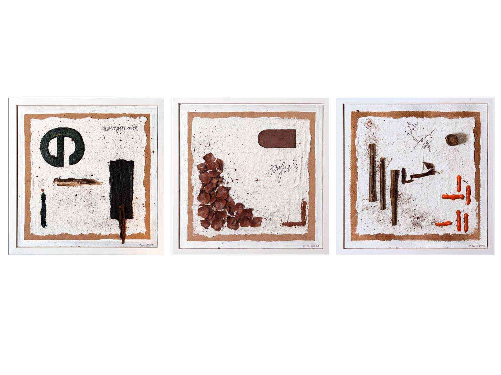 28-29-30, Trilogie Verputz/Spachtel, Dachpappe, Holz 22x22 cm