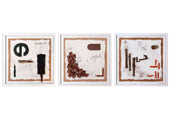 28-29-30, Trilogie Verputz/Spachtel, Dachpappe, Holz 22x22 cm